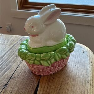 VNTG Depot 56 Ceramic Easter Bunny On Basket Nest Trinket Dish
